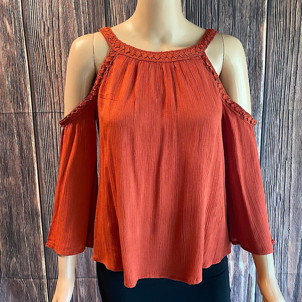 Intu XS burnt orange tunic boho cut out sleeve flowy blouse Urban Outfitters